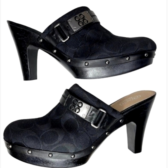 COACH Black Ivy C Signature Logo Fabric Clogs Mules Wooden Heels 7. - Picture 1 of 10